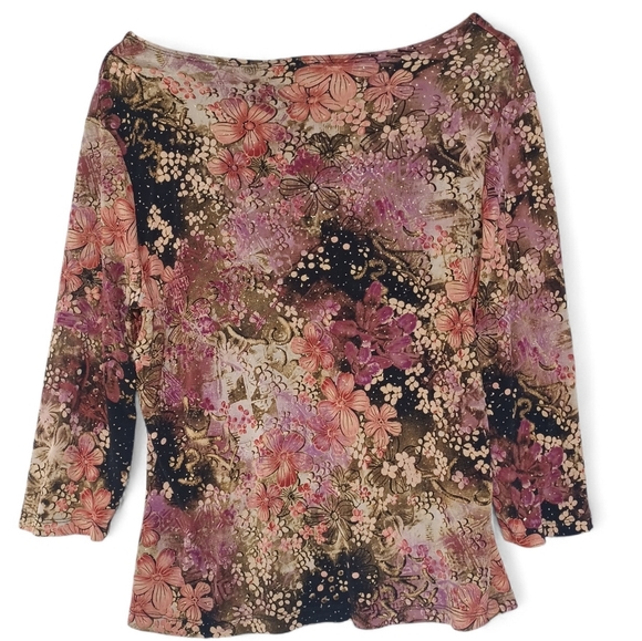 Women’s Y2K Floral Top XL Slinky Knit 3/4 Sleeve Scoop Neck Retro Boho Blouse - Picture 2 of 9